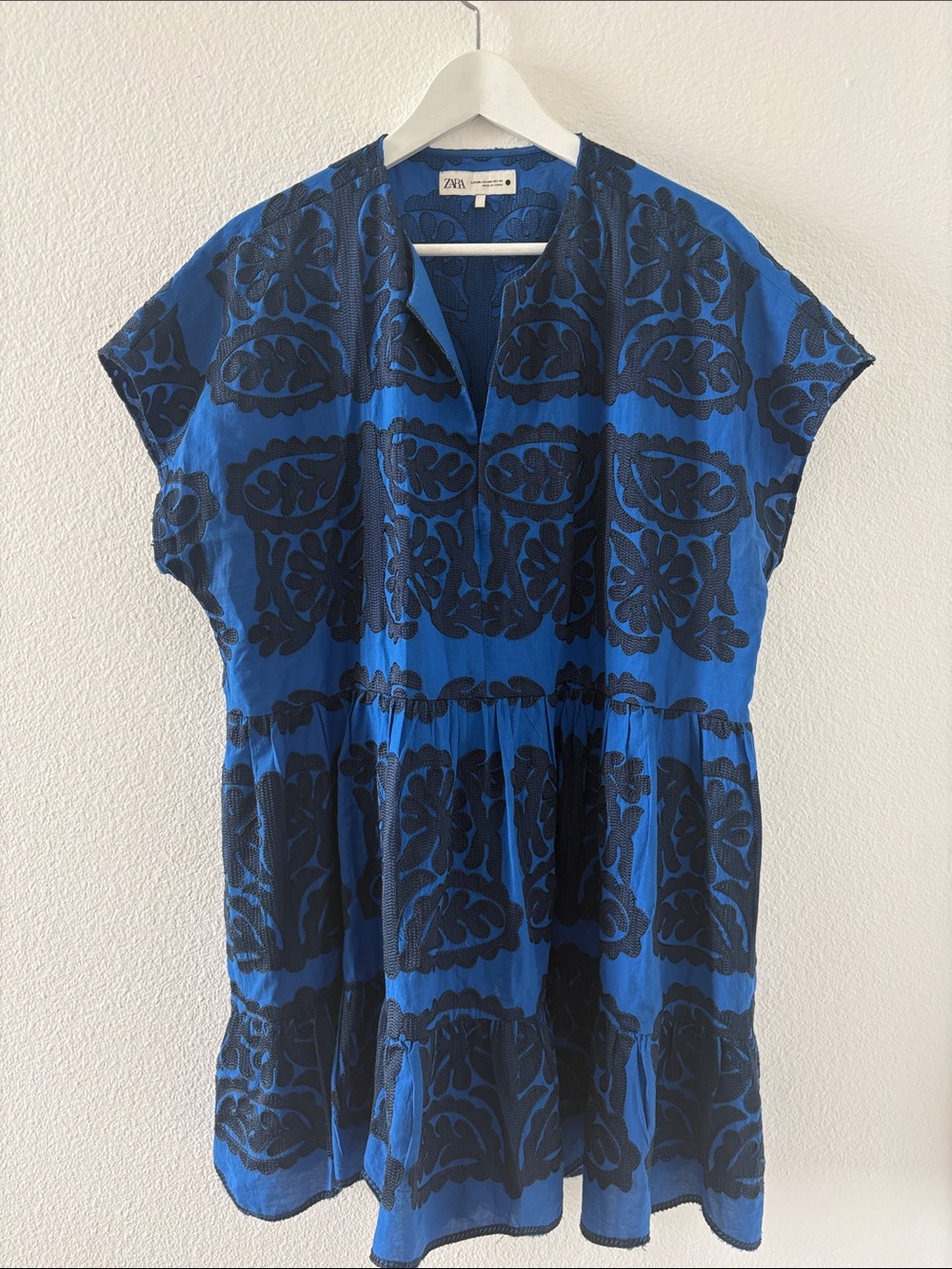 Zara Royal Blue & Black Printed Short Sleeve Tunic Drop Waist Dress